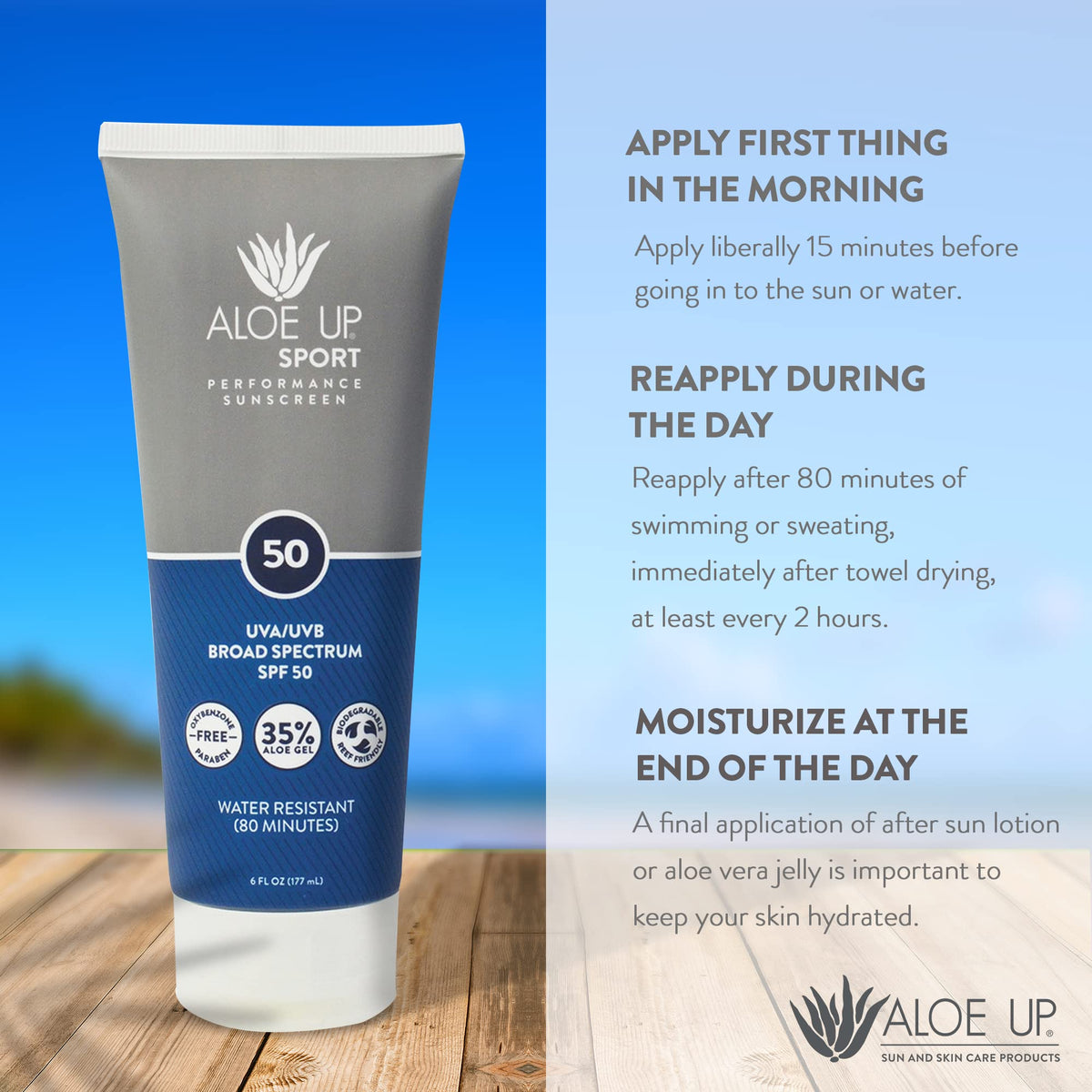 Aloe Up size scale next to hand illustrating 6 oz travel-friendly bottle