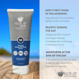 Aloe Up size scale next to hand illustrating 6 oz travel-friendly bottle