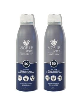 Aloe Up front packaging showing SPF 50 and spray convenience
