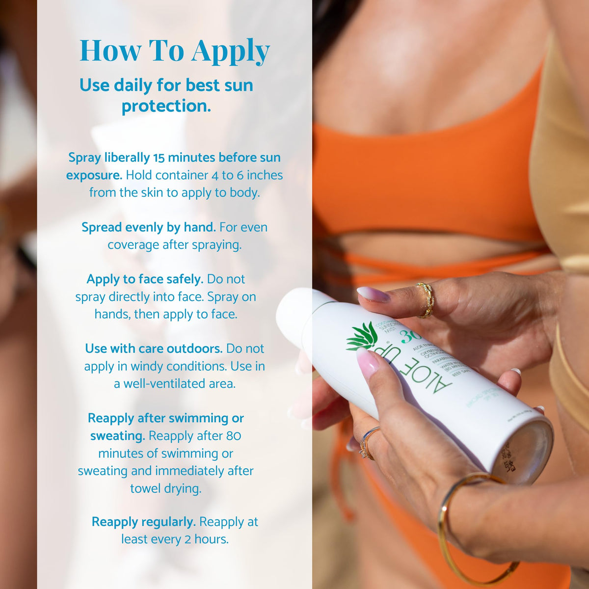Aloe Up spray on beach towel illustrating water-resistant protection outdoors