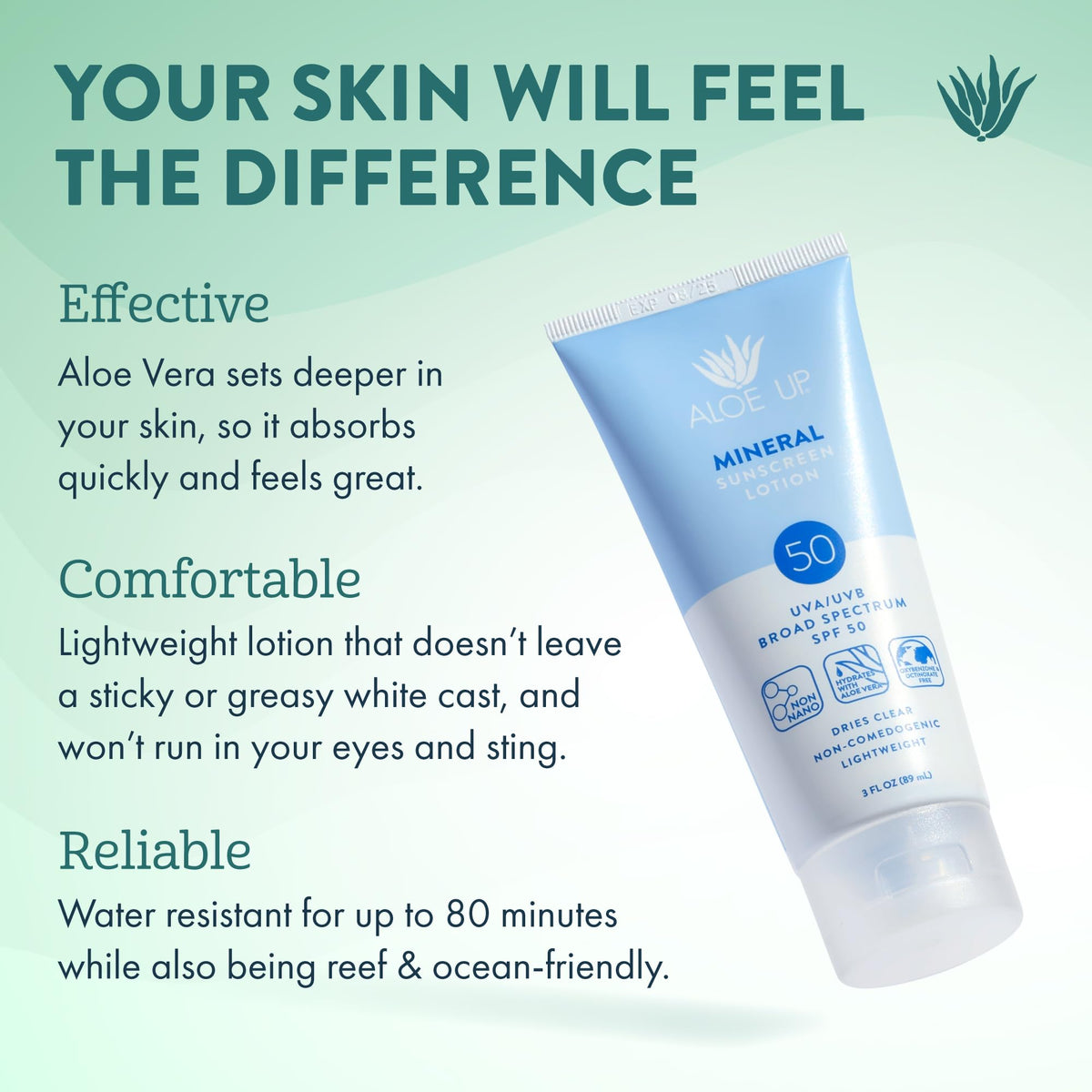 Aloe Up tube dispensing lotion onto hand, quick absorption benefit