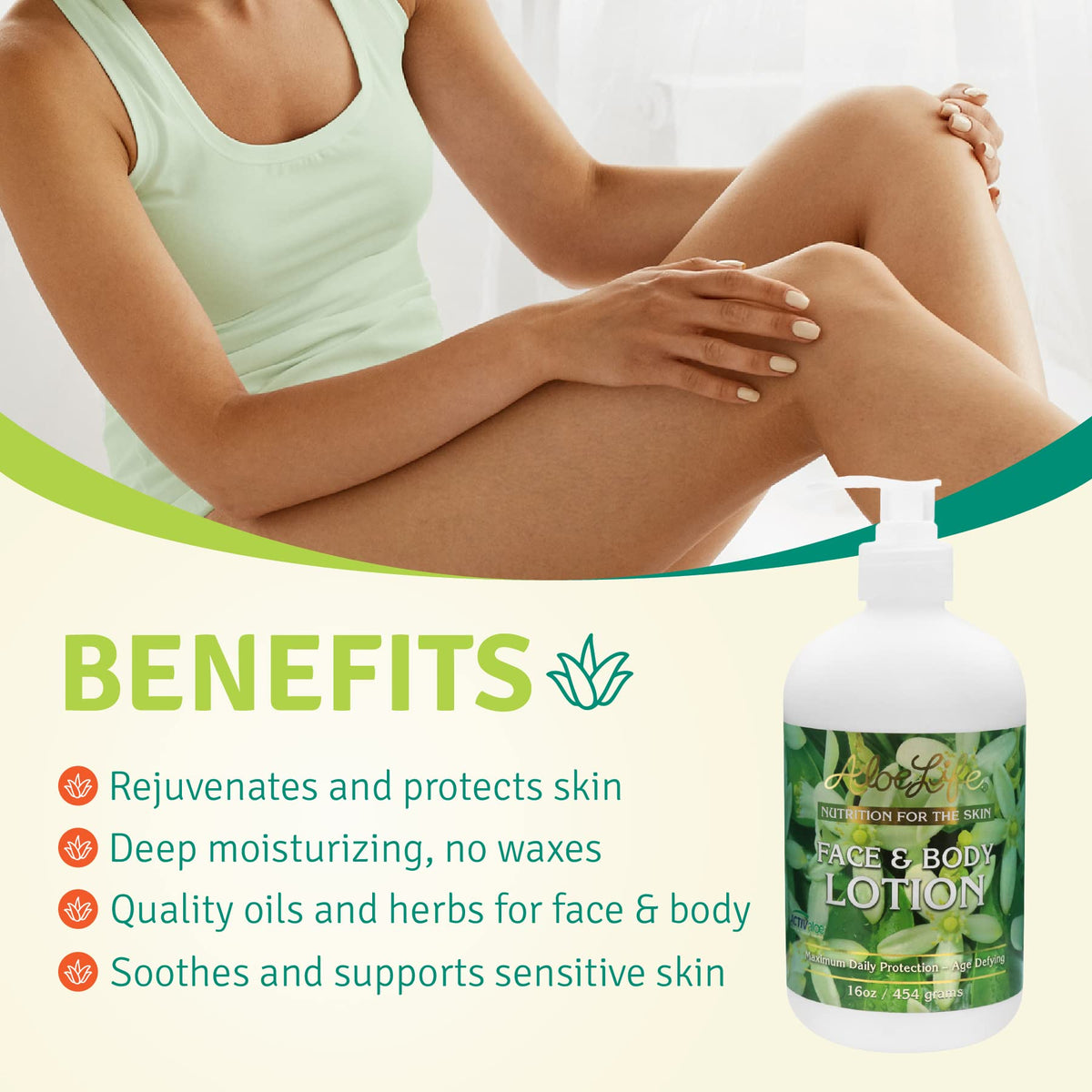 Aloe Life pump dispensing lotion into hand to show easy application and fast absorption