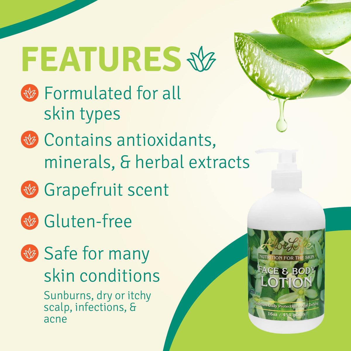 Aloe Life 16 oz bottle held beside hand to show actual size and travel-friendly benefit