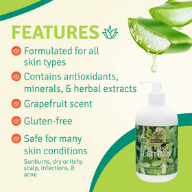 Aloe Life 16 oz bottle held beside hand to show actual size and travel-friendly benefit