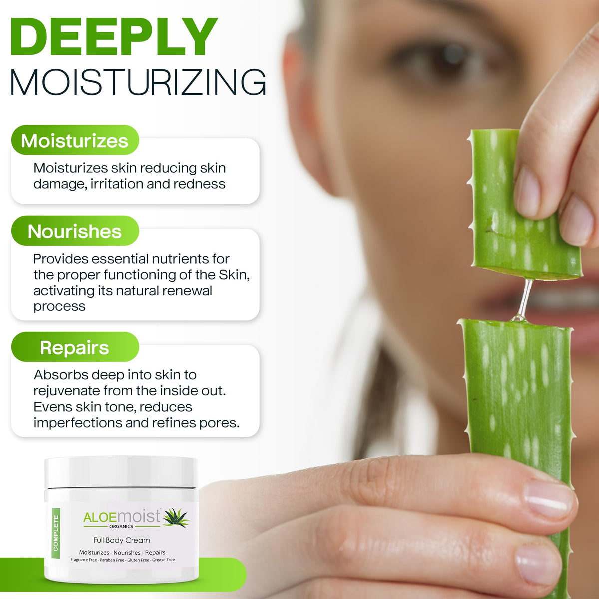 AloeMoist applying to hand demonstrating quick absorption and hydration