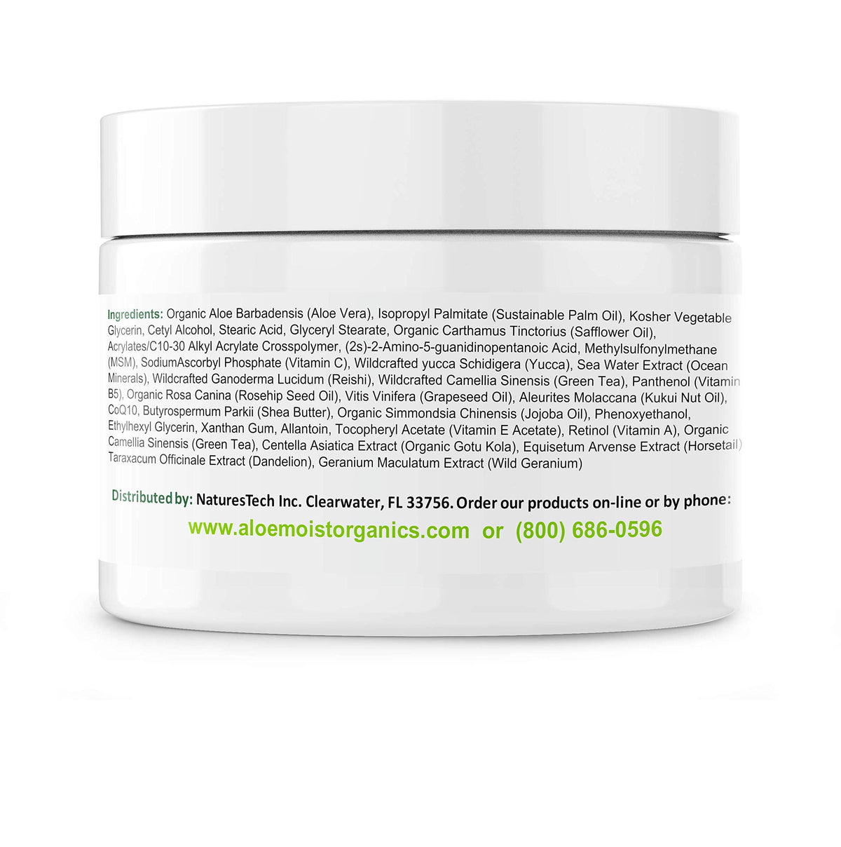 Close-up of AloeMoist label detail listing vitamins and botanical benefits