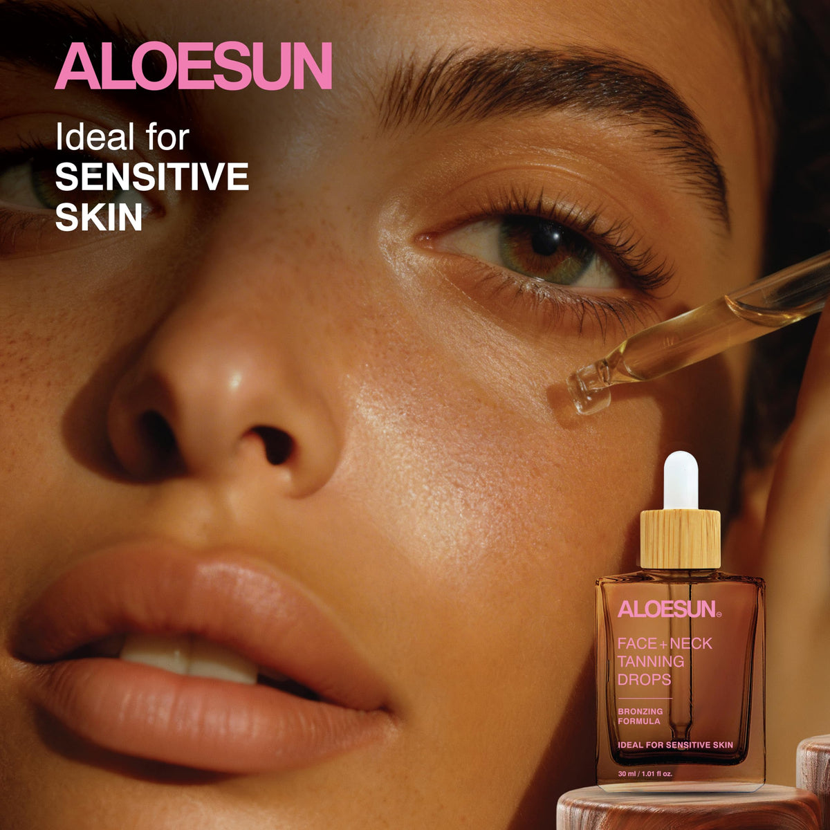 ALOESUN applying mixed drops to face demonstrating easy, streak-free application