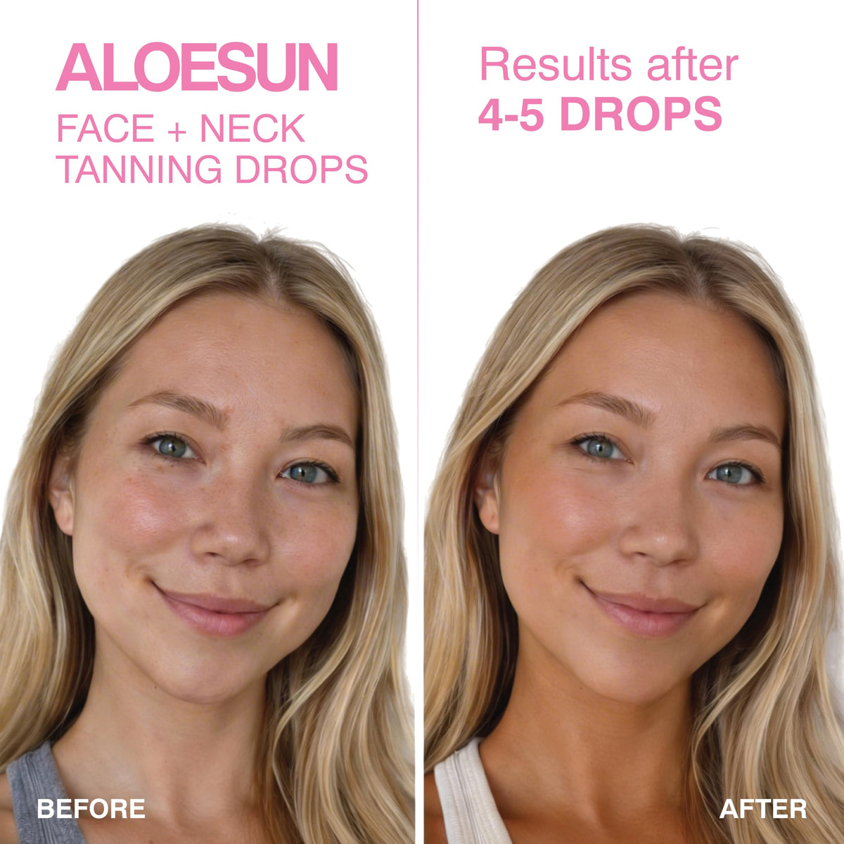 ALOESUN before and after subtle bronze results for natural-looking color