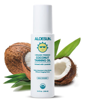 ALOESUN front packaging showing travel coconut tanning oil and hydrating benefits