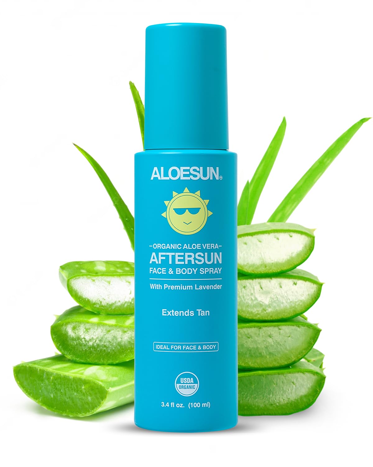ALOESUN front packaging showing travel-sized aftersun spray and benefits