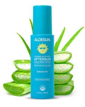 ALOESUN front packaging showing travel-sized aftersun spray and benefits