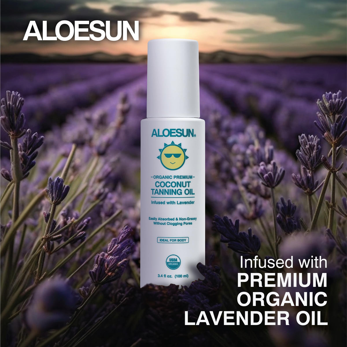 ALOESUN label close-up showing organic ingredient list and product transparency benefit