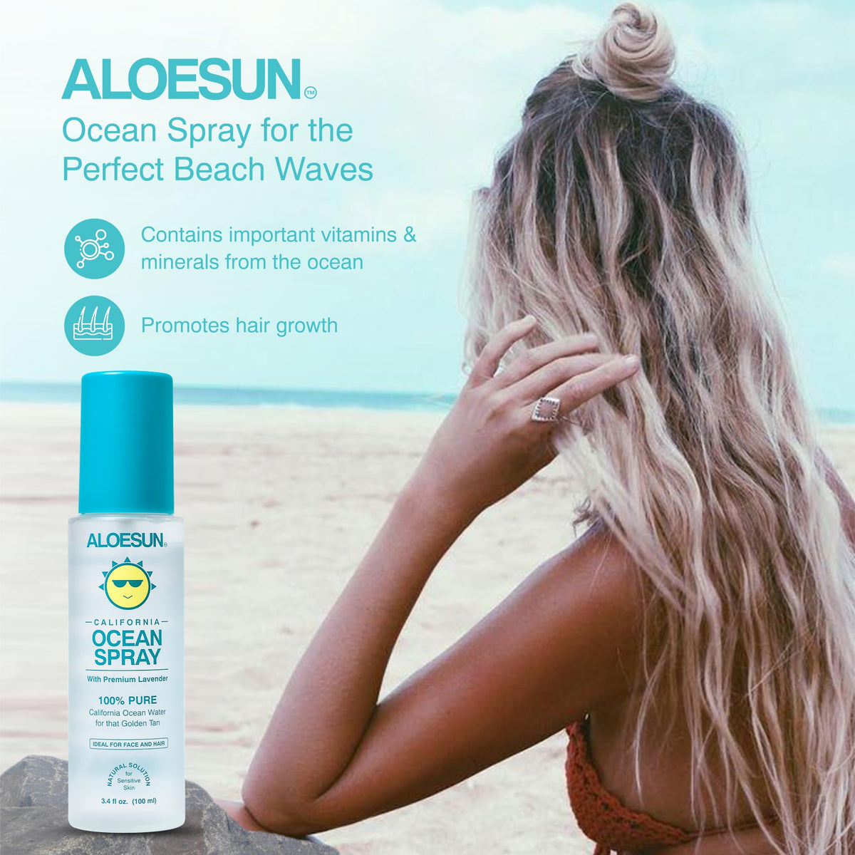 ALOESUN lifestyle beach application depicting sun-ready skin and hair refresh
