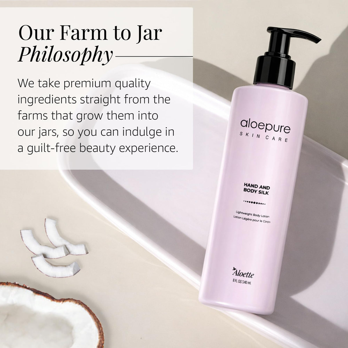 Aloette aloe and coconut ingredients visual highlighting soothing benefits