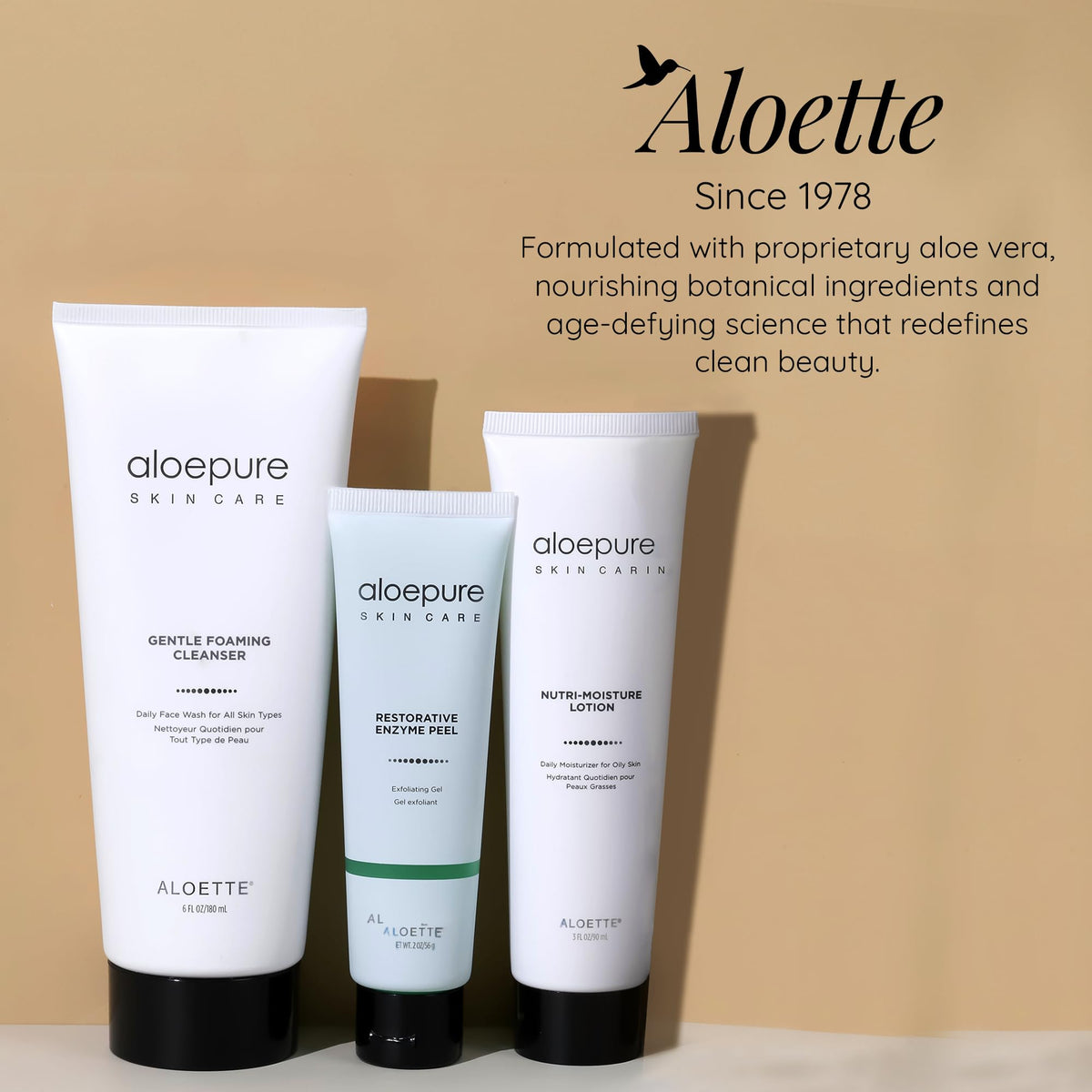 Aloette bottle on bathroom counter in lifestyle setting promoting gentle routine