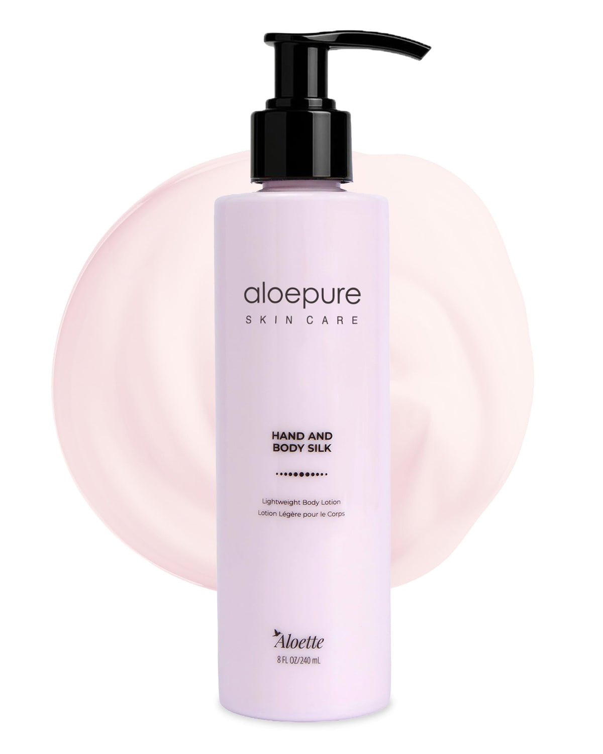Aloette front pump bottle showing label and easy dispensing benefit