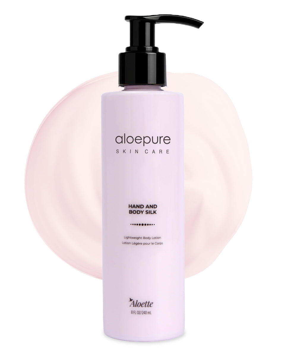 Aloette front pump bottle showing label and easy dispensing benefit