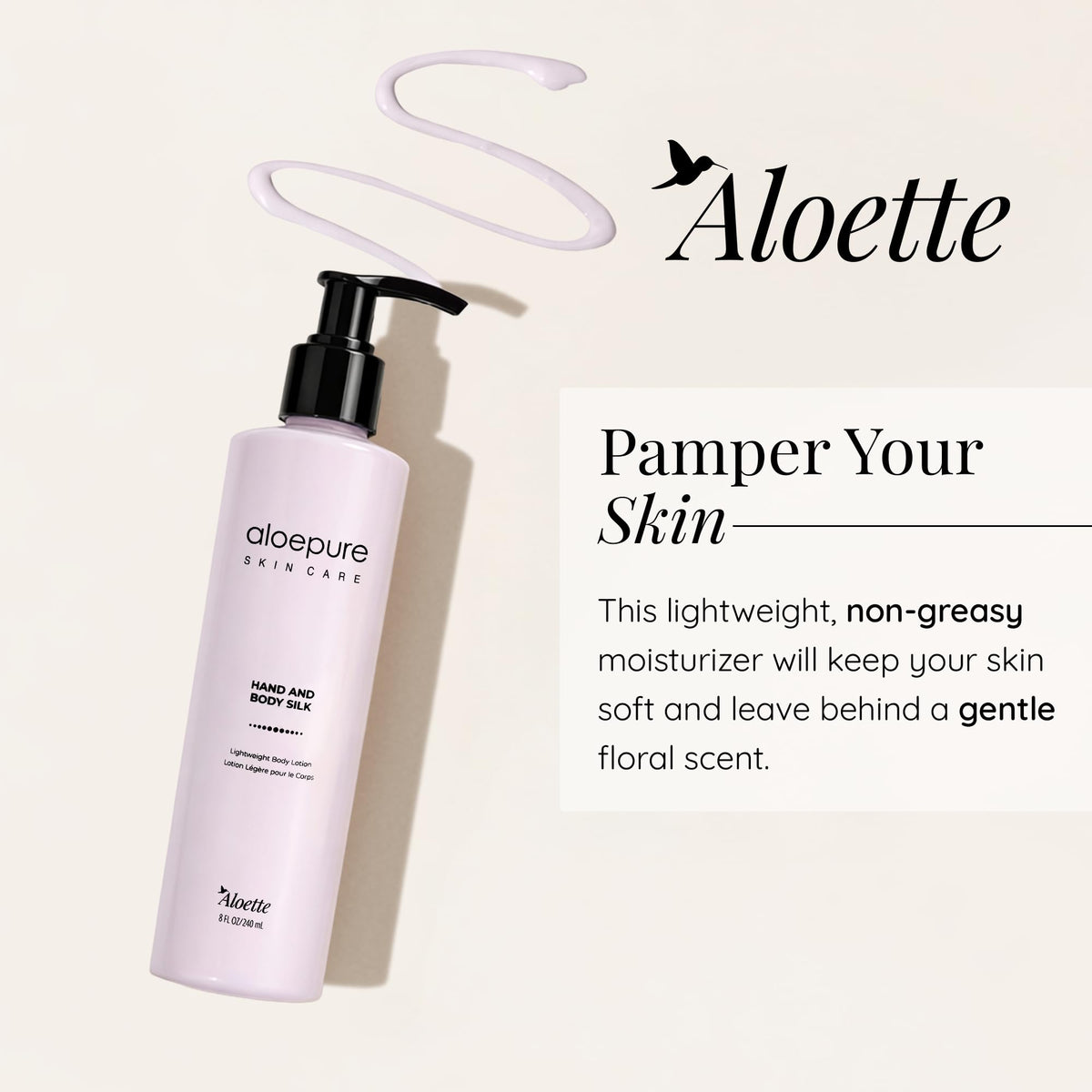 Aloette lotion texture close-up showing silky finish for quick absorption
