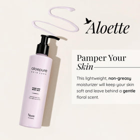 Aloette lotion texture close-up showing silky finish for quick absorption