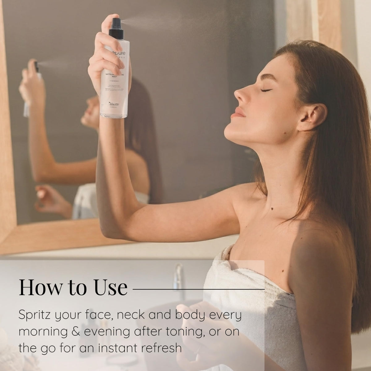 Aloette mist used on arms at beach illustrating after-sun cooling benefit