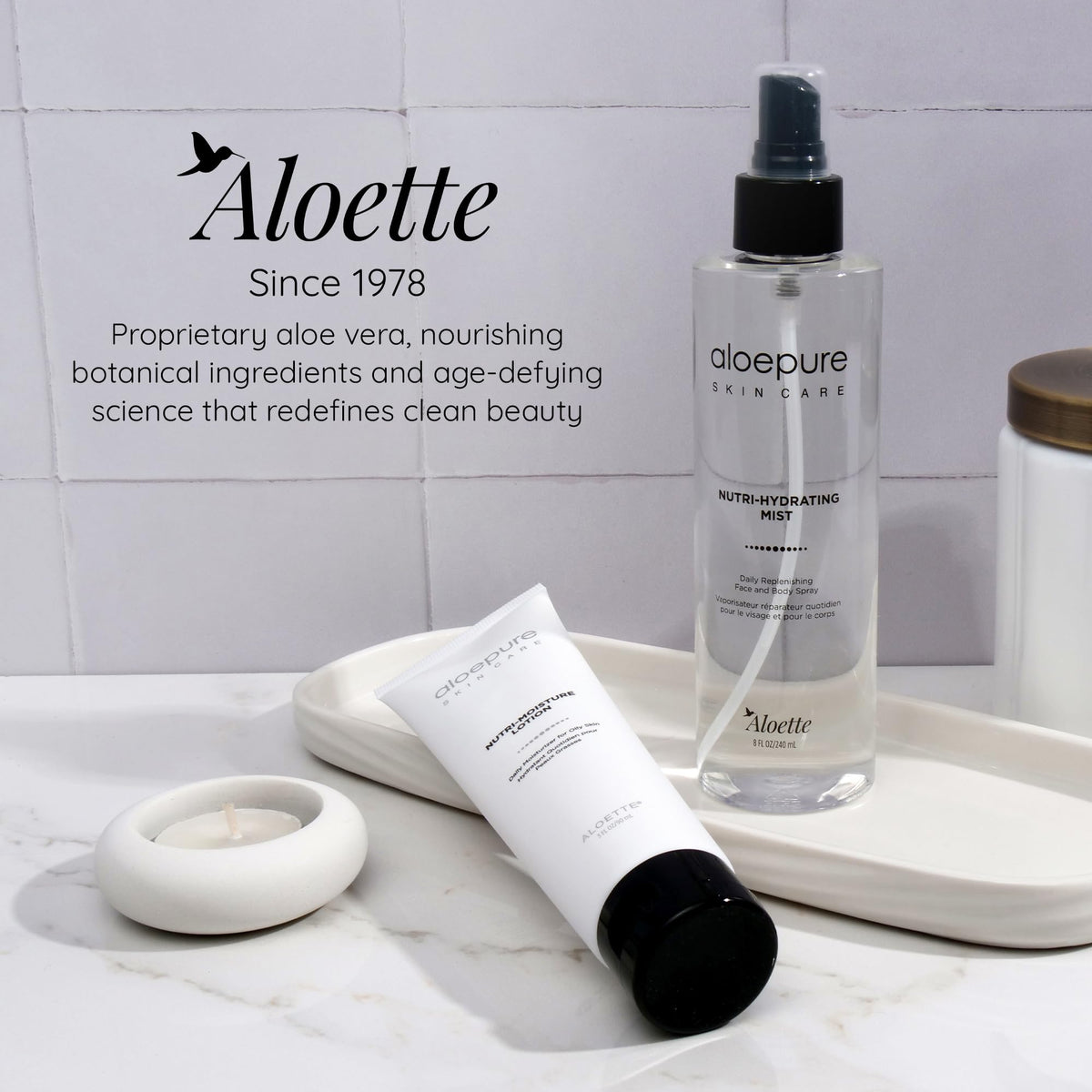 Aloette bottle beside sunscreen demonstrating travel and size convenience