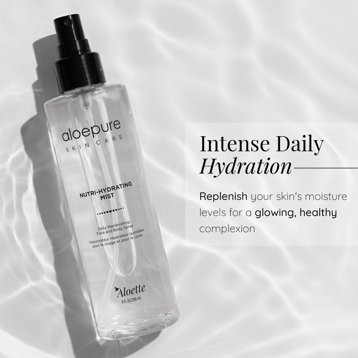 Aloette mist in mid-spray delivering fine hydration for quick refresh