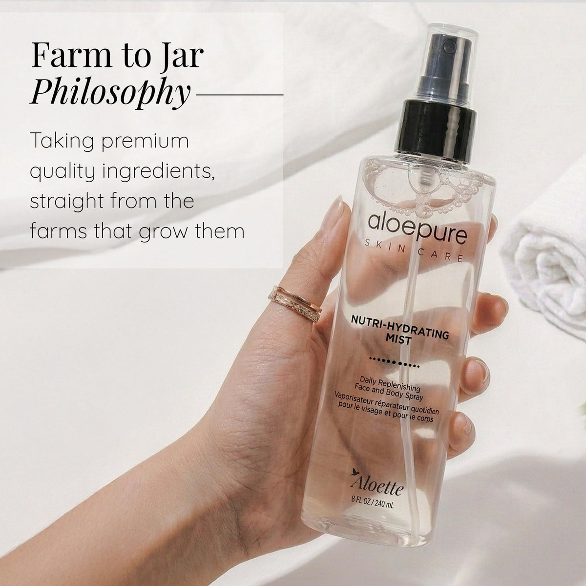 Aloette droplet on hand showing lightweight texture and quick absorption