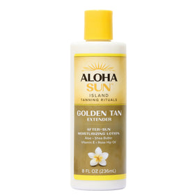 Aloha Sun front packaging shows bottle and brand, promotes longer-lasting tan