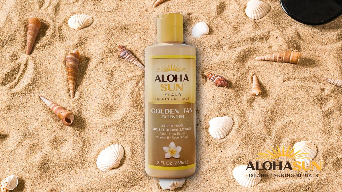 Aloha Sun ingredients label closeup, emphasizes botanical oils and vitamin E