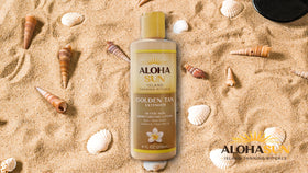 Aloha Sun ingredients label closeup, emphasizes botanical oils and vitamin E