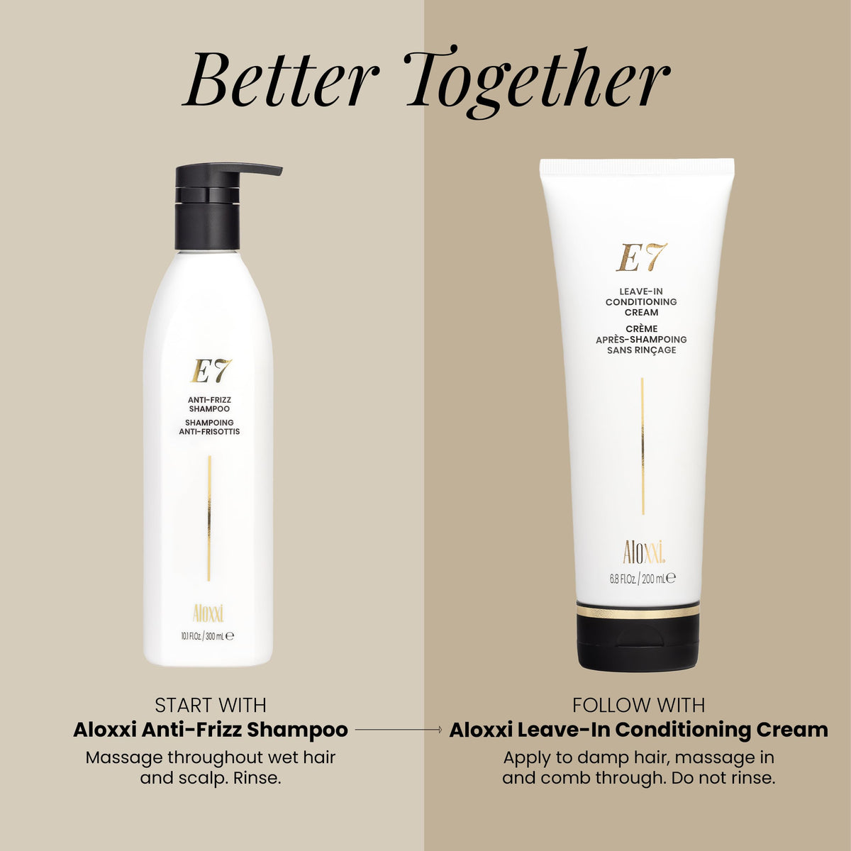 ALOXXI E7 applied to damp hair mid-lengths showing detangling effect and smoother strands