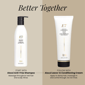 ALOXXI E7 applied to damp hair mid-lengths showing detangling effect and smoother strands