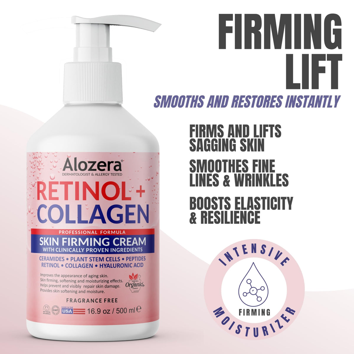Alozera ingredients label zoomed to show plant stem cells and hyaluronic support