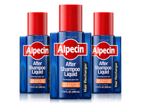 Alpecin front packaging showing three bottles and convenient supply benefit