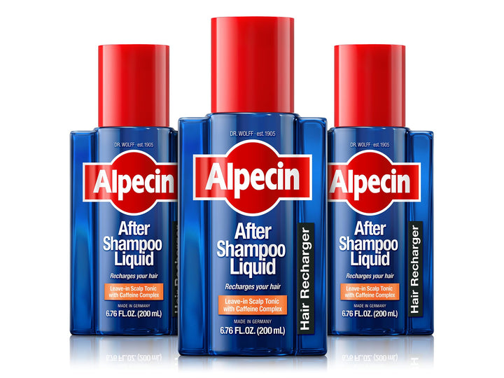 Alpecin front packaging showing three bottles and convenient supply benefit