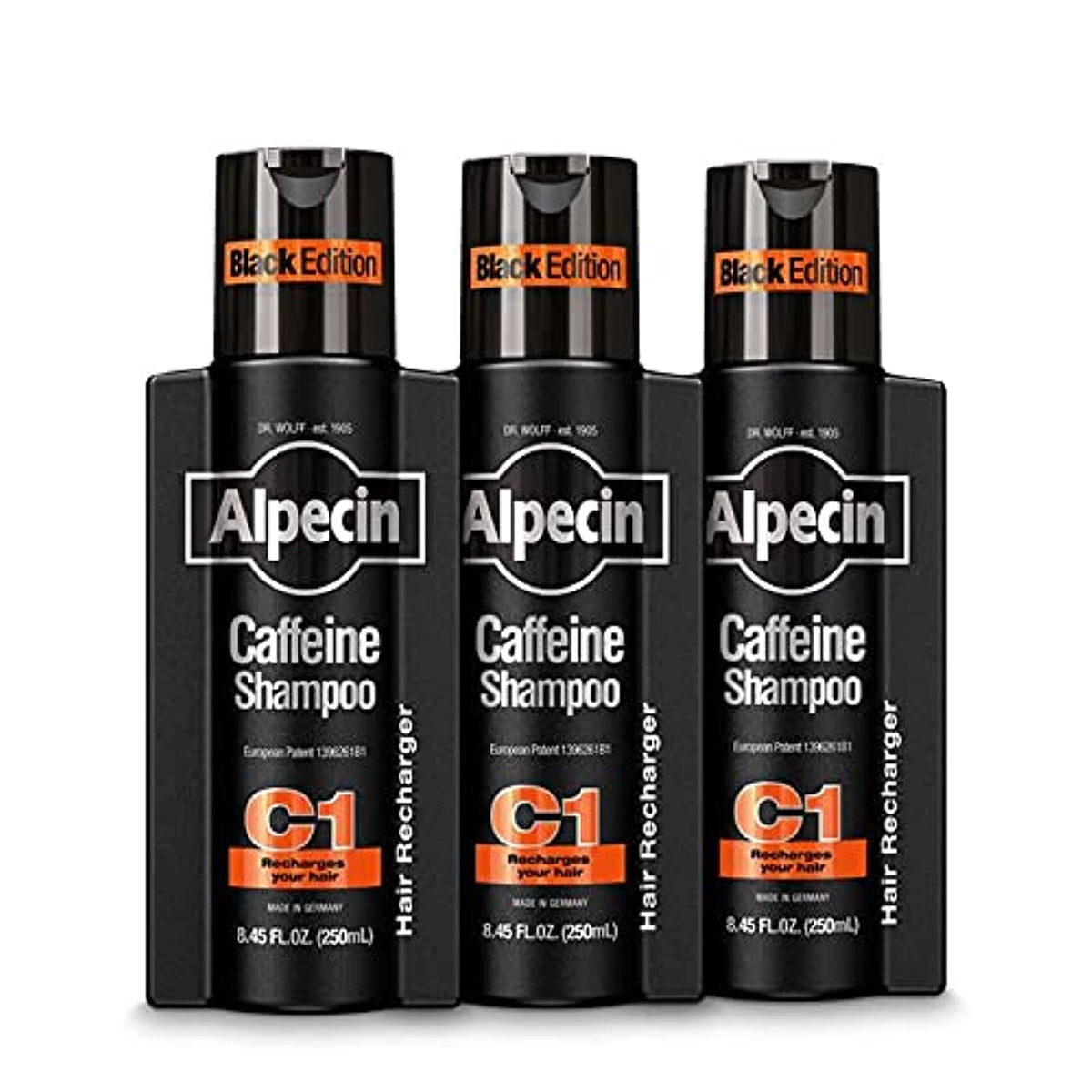 Alpecin C1 Black front packaging showing three bottles and size benefits