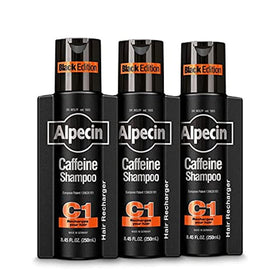Alpecin C1 Black front packaging showing three bottles and size benefits