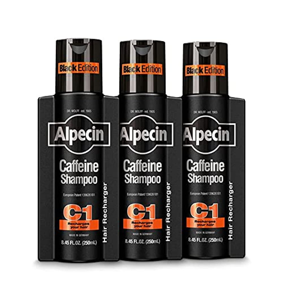Alpecin C1 Black front packaging showing three bottles and size benefits