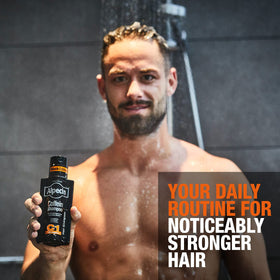 Alpecin C1 in-use shower scene energizing scalp and refreshing scent