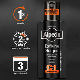 Alpecin C1 bottle in hand for scale illustrating 8.45 oz supply benefit
