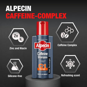 Alpecin C1 pump dispensing shampoo highlighting convenient daily use and measured application