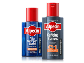 Alpecin front packaging showing both bottles and benefits