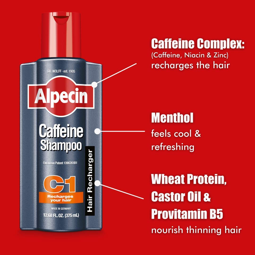Alpecin C1 next to common shampoo for scale showing value pack benefit