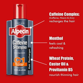 Alpecin C1 next to common shampoo for scale showing value pack benefit