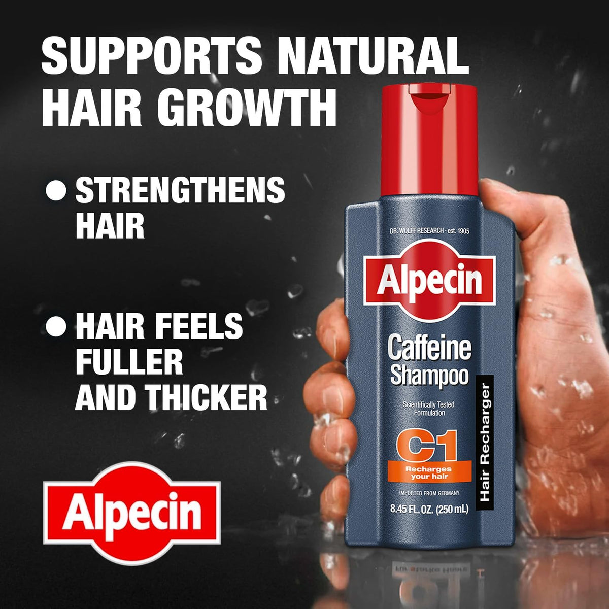 Three Alpecin bottles next to common items showing pack size