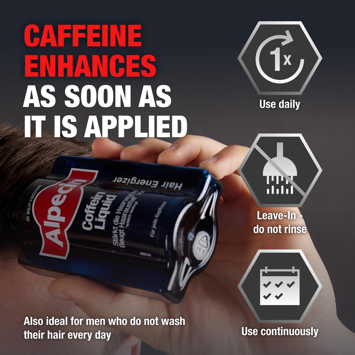 Alpecin being applied to scalp with fingertips for even coverage benefit