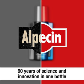 Alpecin bottle next to ruler showing 6.76 fl oz size and travel convenience