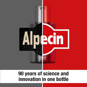 Alpecin bottle next to hand for scale showing compact travel-friendly size