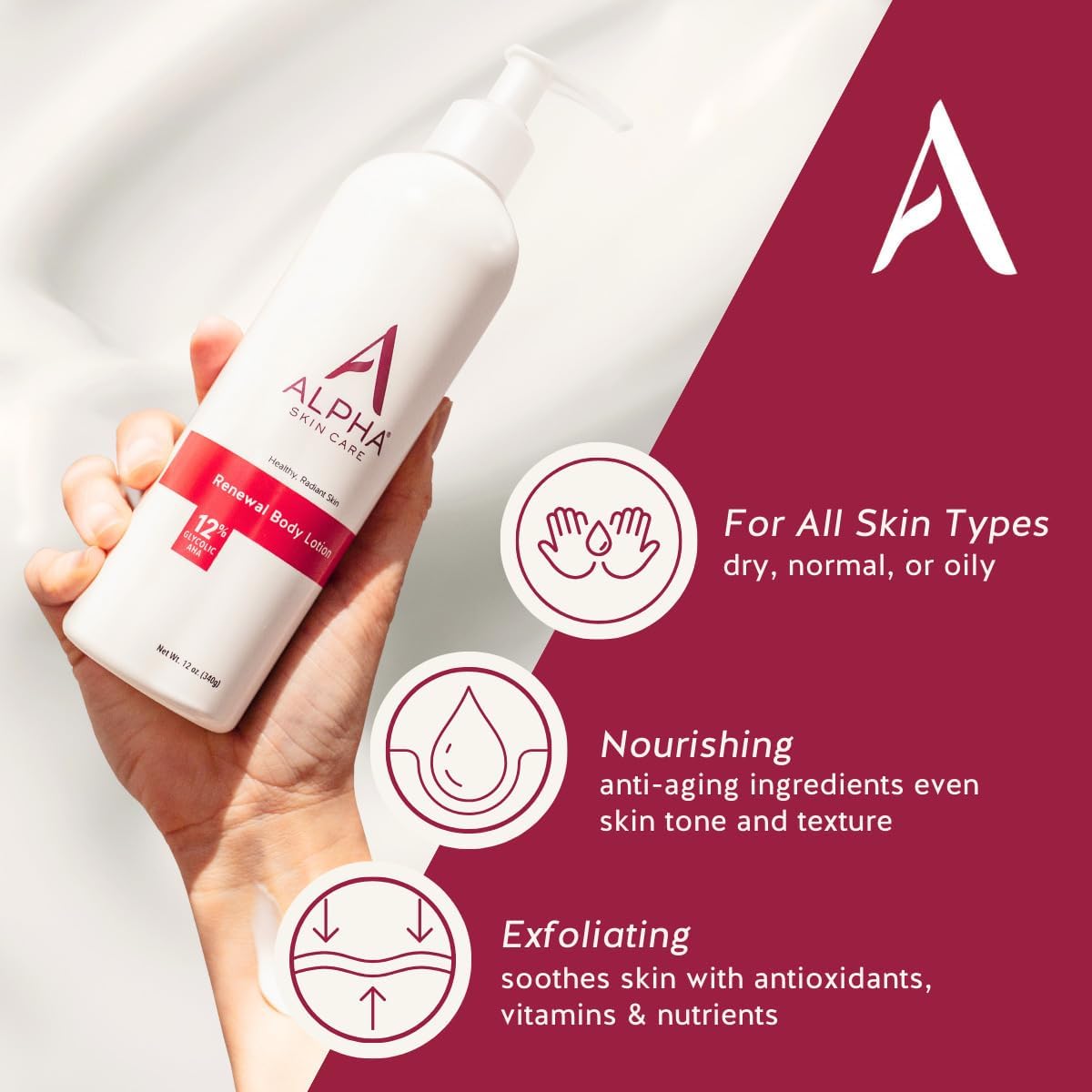 Alpha close-up label highlighting 12% glycolic AHA and pH information