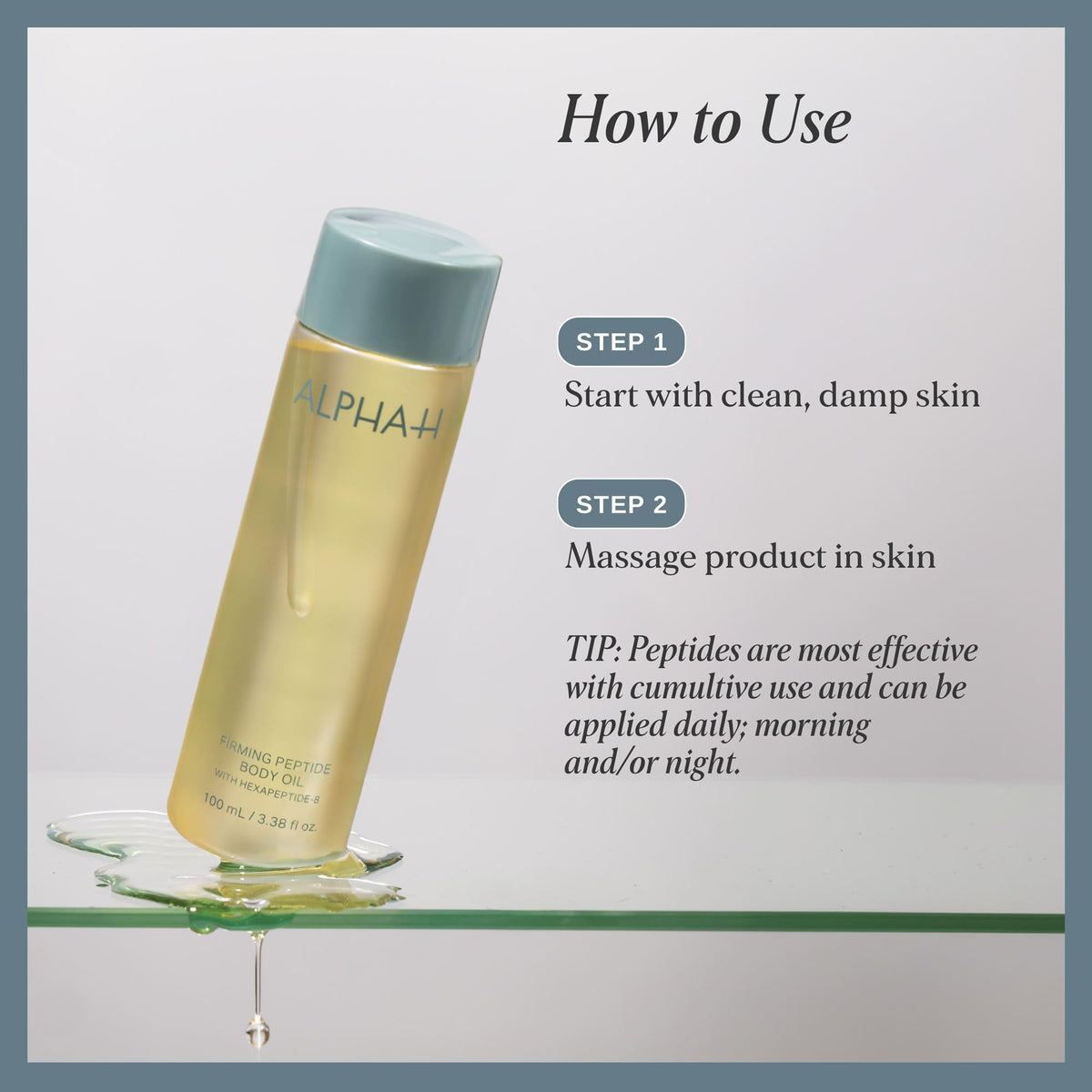 Alpha-H bottle held in hand to show 100ml scale and travel-friendly size